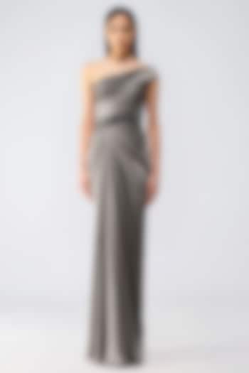 Pewter-Colored Satin Chiffon Moulded Off-Shoulder Crystalvein Engagement Gown by Amit Aggarwal at Pernia's Pop Up Shop
