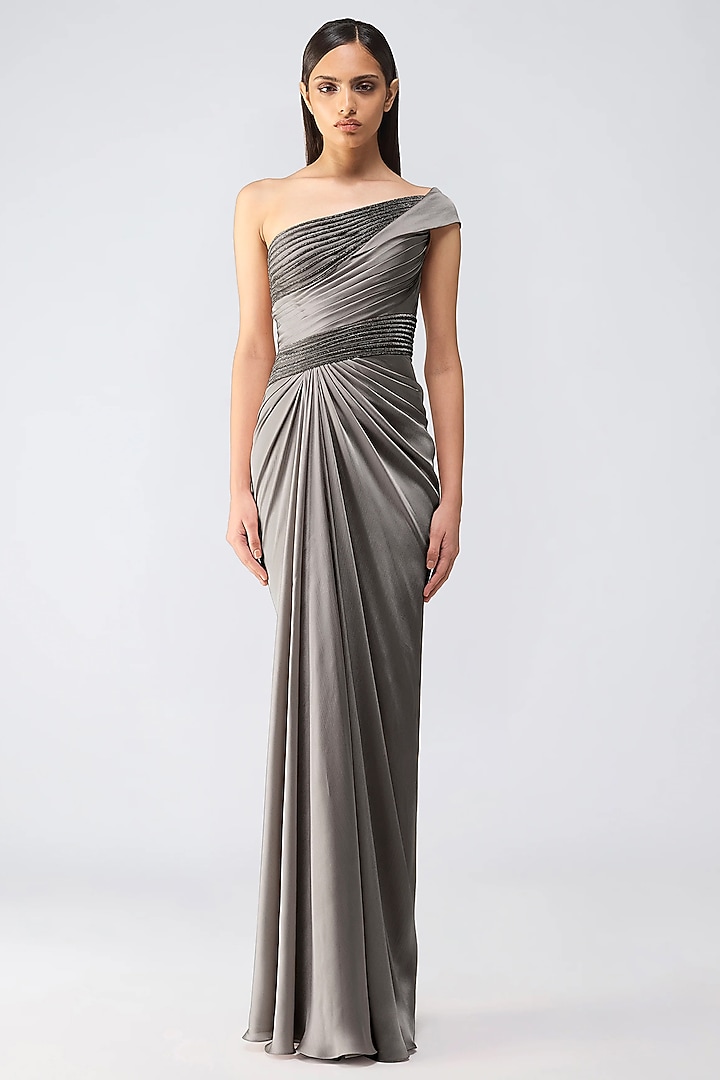 Pewter-Colored Satin Chiffon Moulded Off-Shoulder Crystalvein Engagement Gown by Amit Aggarwal at Pernia's Pop Up Shop