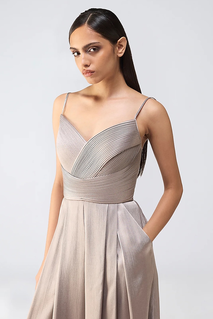 Steel Grey Chiffon Micro Pleated Jumpsuit by Amit Aggarwal at
