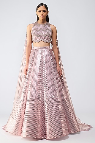 Rose-Colored Tulle Metallic Flared Skirt Set by Amit Aggarwal