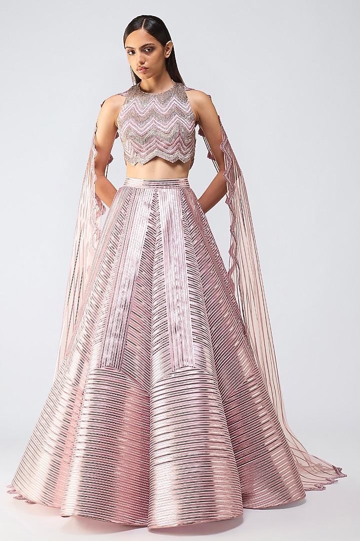 Rose-Colored Tulle Metallic Flared Skirt Set by Amit Aggarwal at Pernia's Pop Up Shop