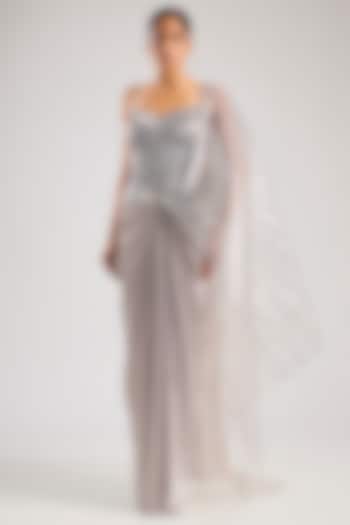 Steel Grey Satin Chiffon Draped Bridal Saree Set by Amit Aggarwal at Pernia's Pop Up Shop