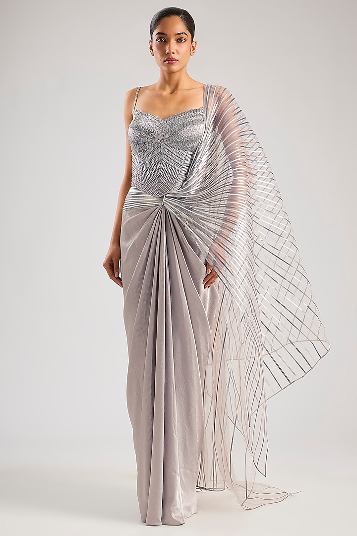 Steel Grey Satin Chiffon Draped Bridal Saree Set by Amit Aggarwal at Pernia's Pop Up Shop