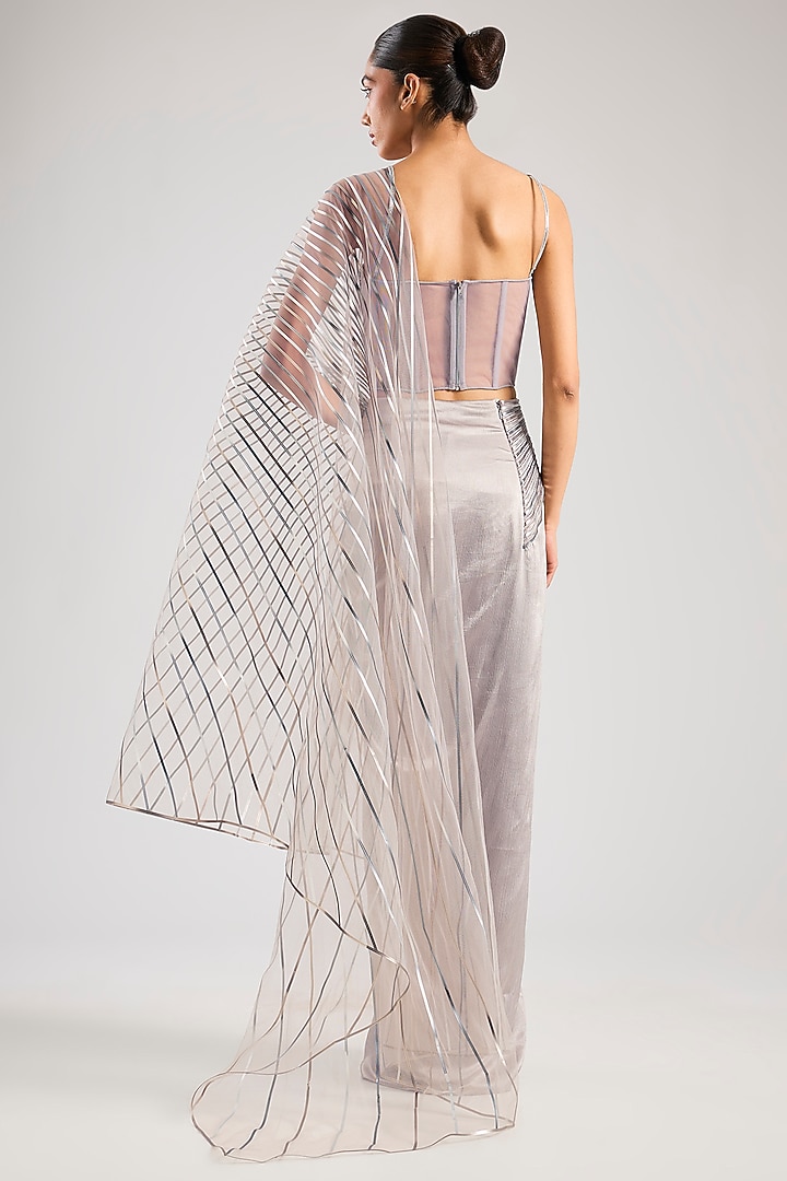 Steel Grey Satin Chiffon Draped Bridal Saree Set by Amit Aggarwal at Pernia's Pop Up Shop