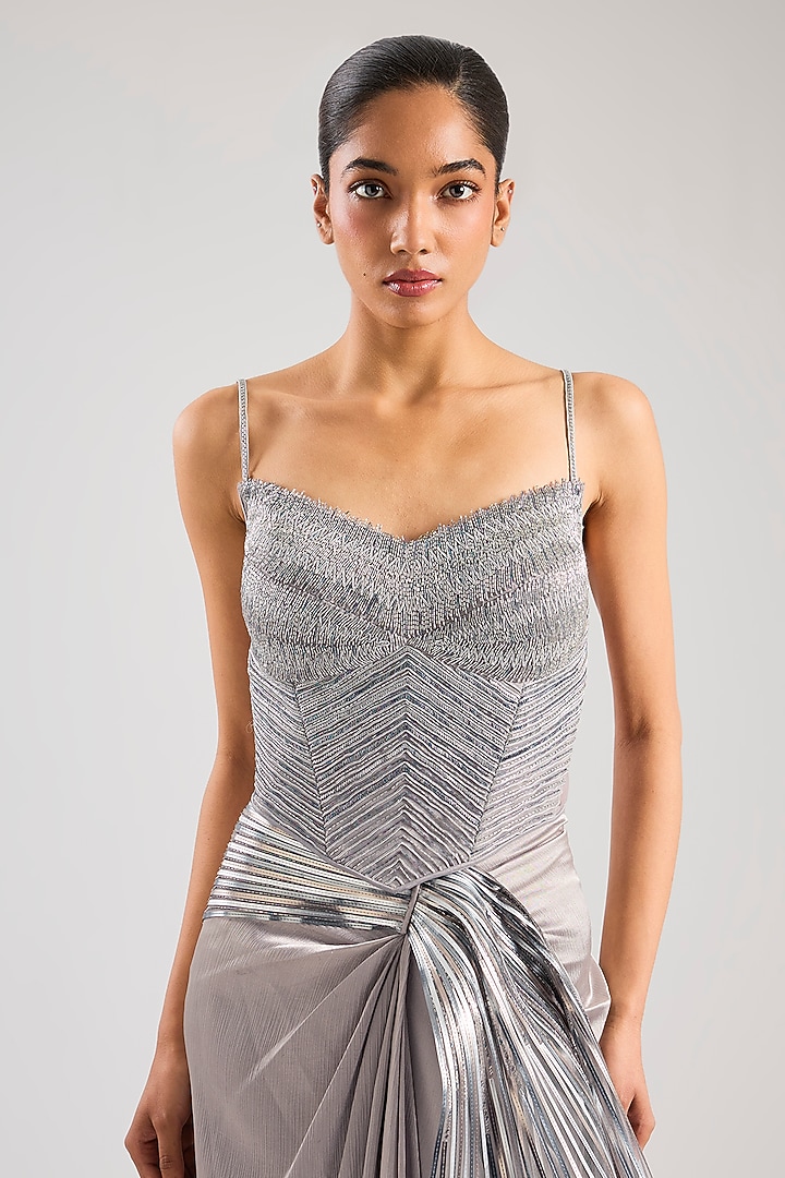 Steel Grey Satin Chiffon Draped Bridal Saree Set by Amit Aggarwal at Pernia's Pop Up Shop