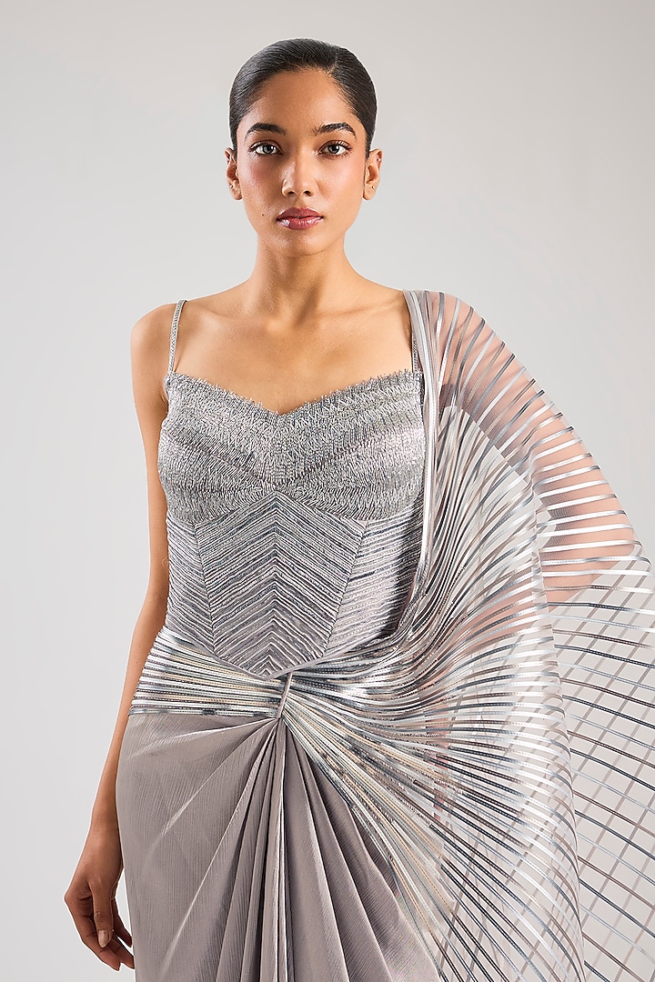 Steel Grey Satin Chiffon Draped Bridal Saree Set by Amit Aggarwal at Pernia's Pop Up Shop