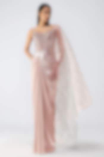 Rose Satin Chiffon & Butterfly Net Metallic Draped Bridal Saree Set by Amit Aggarwal at Pernia's Pop Up Shop