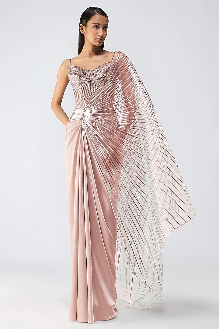 Rose Satin Chiffon & Butterfly Net Metallic Draped Bridal Saree Set by Amit Aggarwal at Pernia's Pop Up Shop