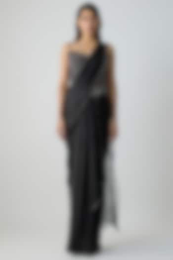Onyx Black Satin Chiffon Draped Reception Saree Set by Amit Aggarwal at Pernia's Pop Up Shop