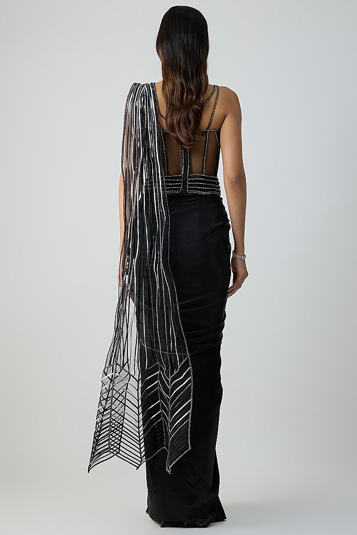 Onyx Black Satin Chiffon Draped Reception Saree Set by Amit Aggarwal at Pernia's Pop Up Shop