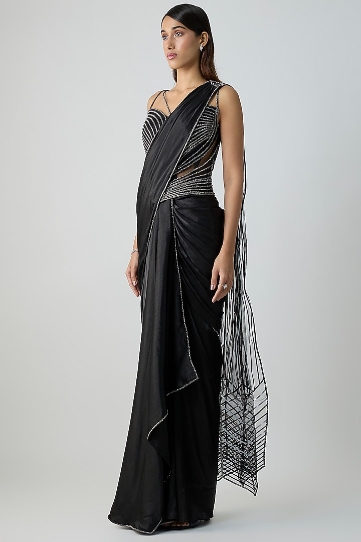 Onyx Black Satin Chiffon Draped Reception Saree Set by Amit Aggarwal at Pernia's Pop Up Shop