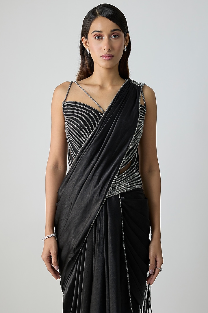 Onyx Black Satin Chiffon Draped Reception Saree Set by Amit Aggarwal at Pernia's Pop Up Shop