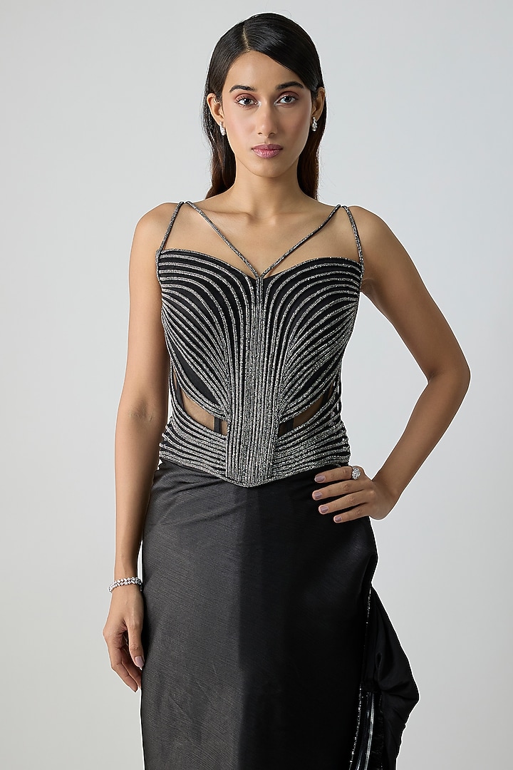 Onyx Black Satin Chiffon Draped Reception Saree Set by Amit Aggarwal at Pernia's Pop Up Shop