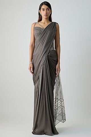 Pewter Colored Satin Chiffon Draped Saree Set by Amit Aggarwal