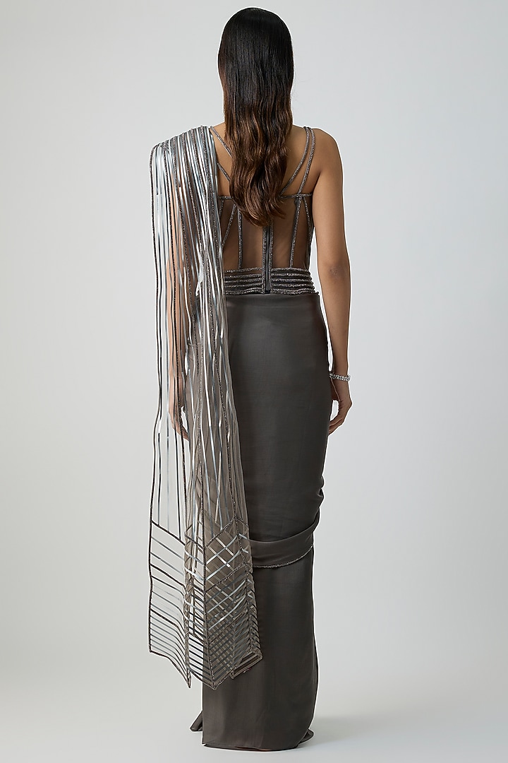 Pewter Colored Satin Chiffon Draped Reception Saree Set by Amit Aggarwal at Pernia's Pop Up Shop