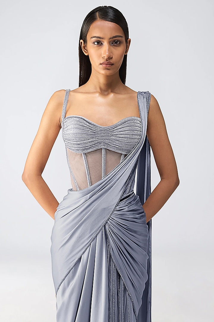 Ice Blue Satin Chiffon Crystalvein Draped Reception Saree Set by Amit Aggarwal at Pernia's Pop Up Shop