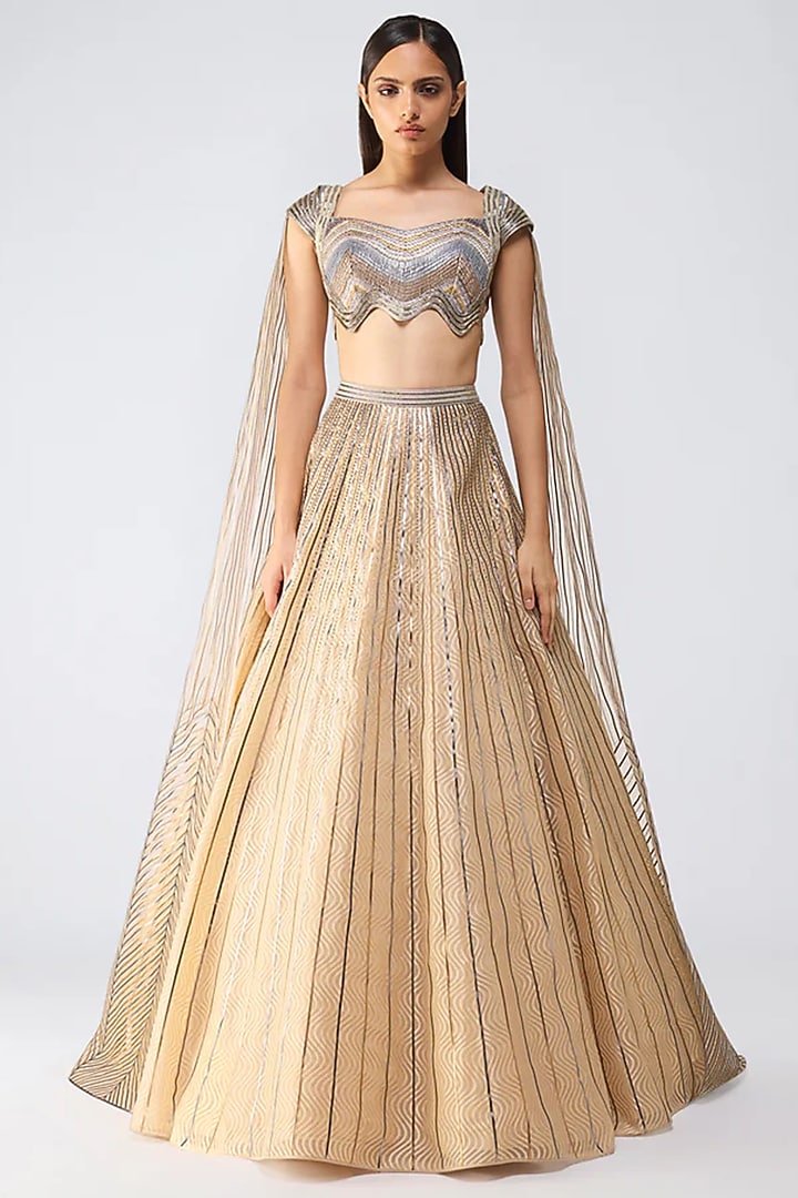 Sand Grey Butterfly Net Glass Bead Embroidered Skirt Set by Amit Aggarwal at Pernia's Pop Up Shop