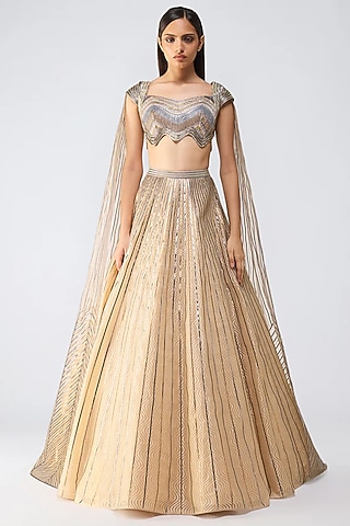 Sand Grey Butterfly Net Glass Bead Embroidered Skirt Set by Amit Aggarwal