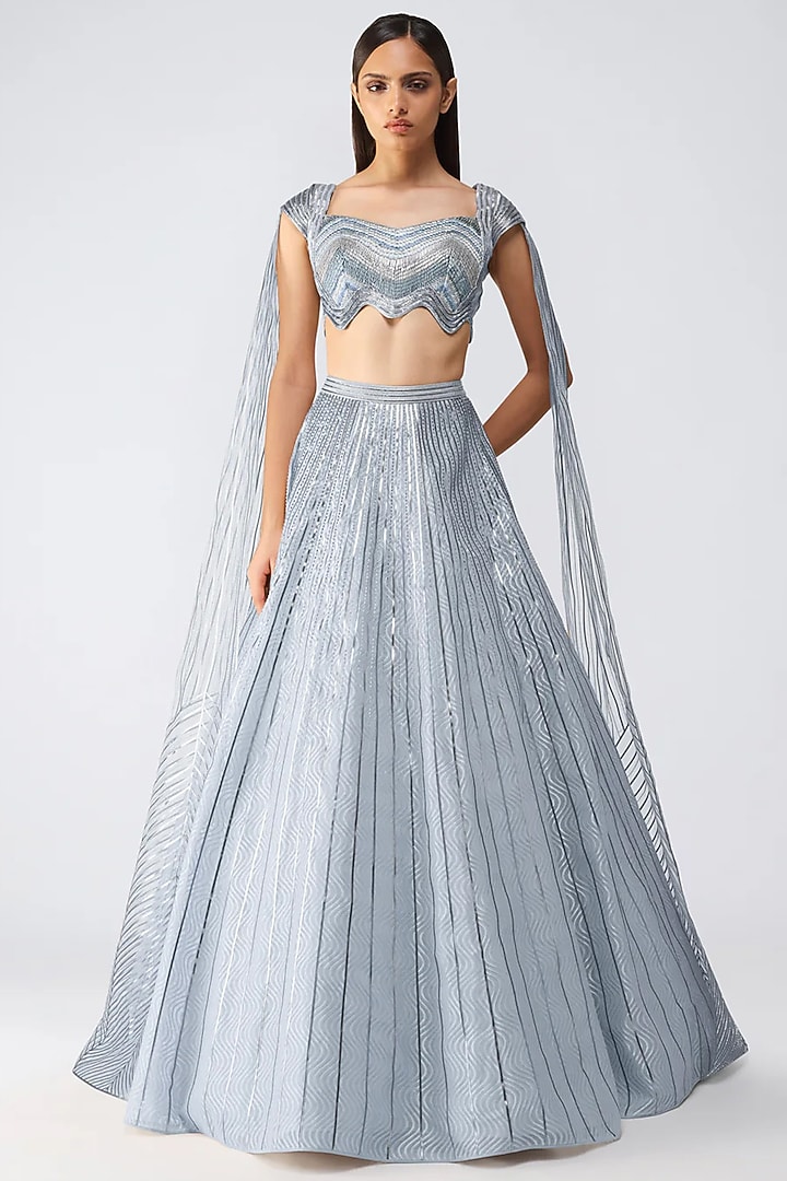 Ice Grey Butterfly Net Glass Bead Embroidered Skirt Set by Amit Aggarwal at Pernia's Pop Up Shop