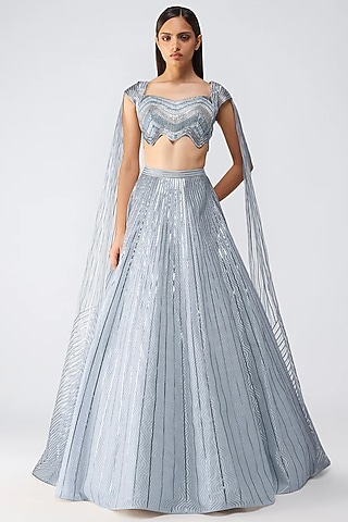 Ice Grey Butterfly Net Glass Bead Embroidered Skirt Set by Amit Aggarwal