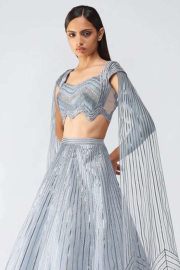 Ice Grey Butterfly Net Glass Bead Embroidered Skirt Set by Amit Aggarwal at Pernia's Pop Up Shop