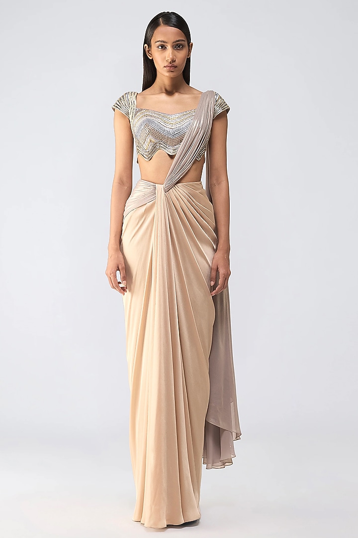 Sand-Colored Chiffon & Butterfly Net Metallic Draped Reception Saree Set by Amit Aggarwal at Pernia's Pop Up Shop
