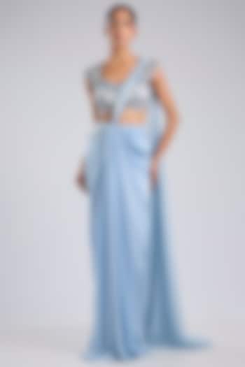 Ice Blue Satin Chiffon Metallic Draped Reception Saree Set by Amit Aggarwal at Pernia's Pop Up Shop