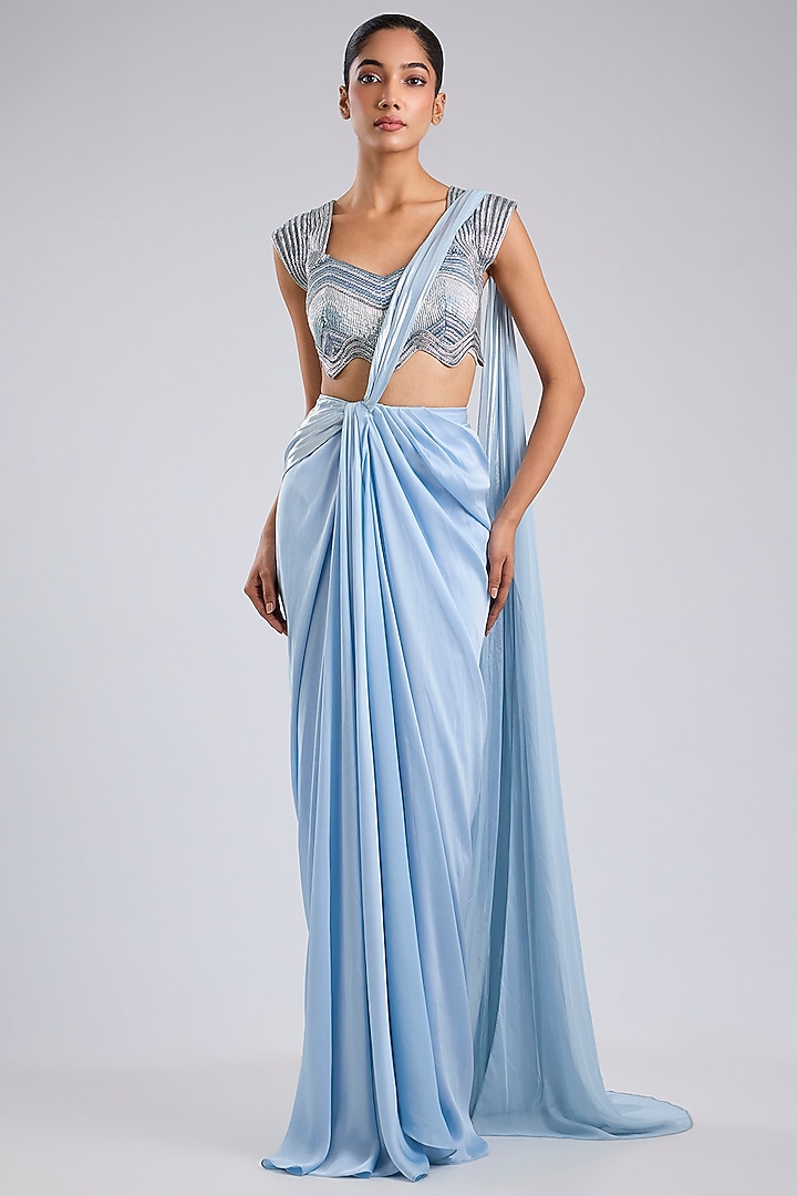 Ice Blue Satin Chiffon Metallic Draped Reception Saree Set by Amit Aggarwal at Pernia's Pop Up Shop