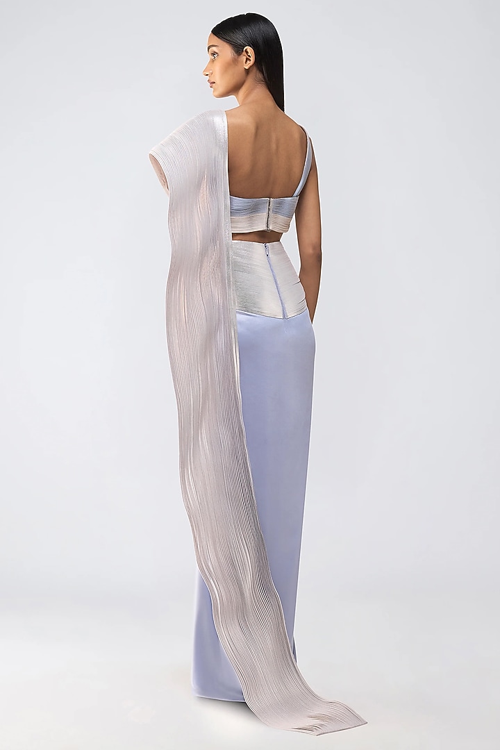 Ice Blue Satin Chiffon Micro-Pleated Draped Reception Saree Set by Amit Aggarwal at Pernia's Pop Up Shop