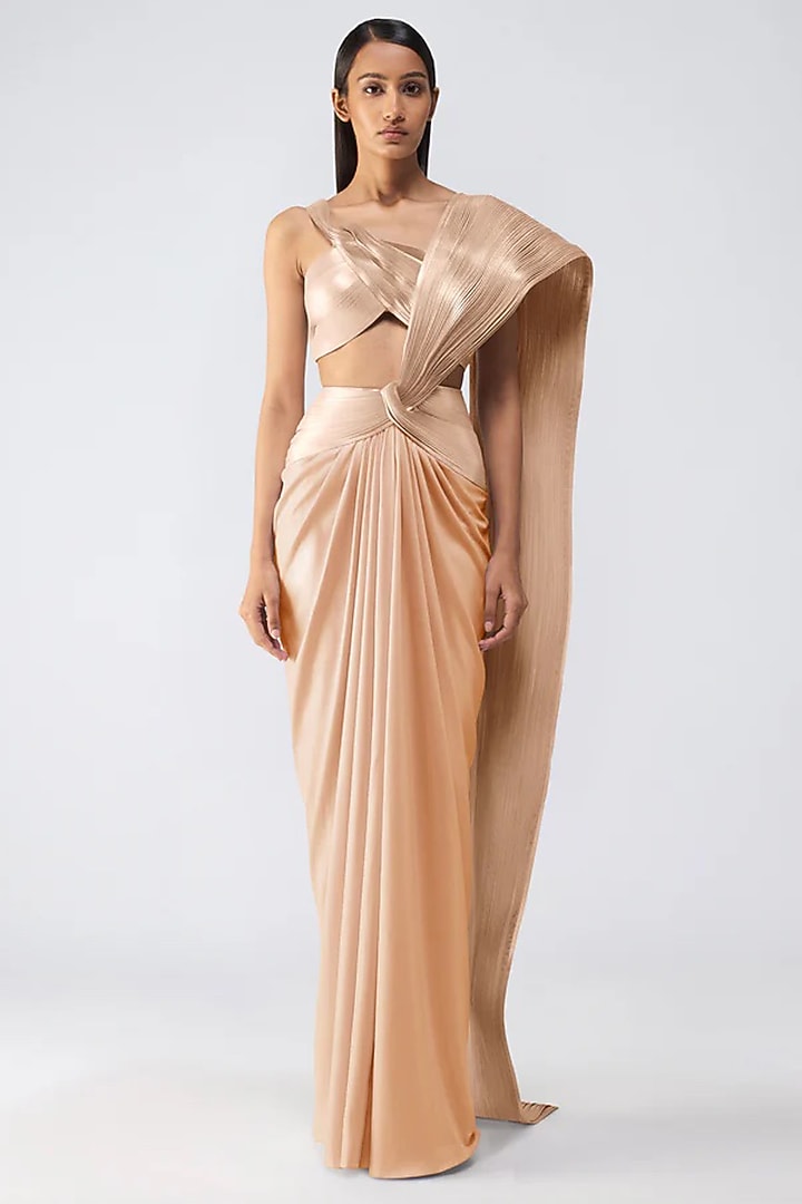 Sand-Colored Chiffon & Butterfly Net Skirt Bridal Saree Set by Amit Aggarwal at Pernia's Pop Up Shop