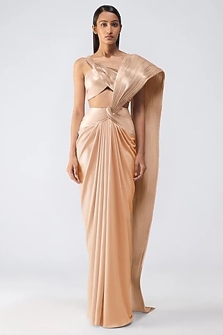 Sand-Colored Chiffon & Butterfly Net Skirt Saree Set by Amit Aggarwal
