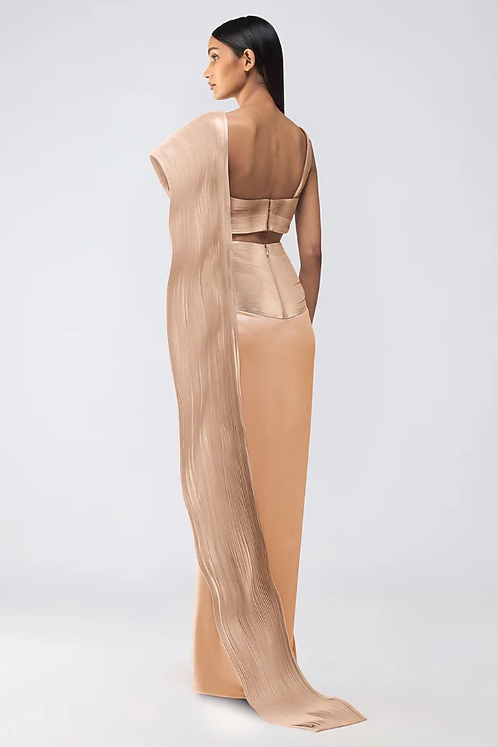 Sand-Colored Chiffon & Butterfly Net Skirt Reception Saree Set by Amit Aggarwal at Pernia's Pop Up Shop