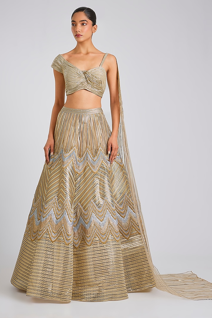 Sand-Grey Tulle Metallic Bridal Lehenga Set by Amit Aggarwal at Pernia's Pop Up Shop