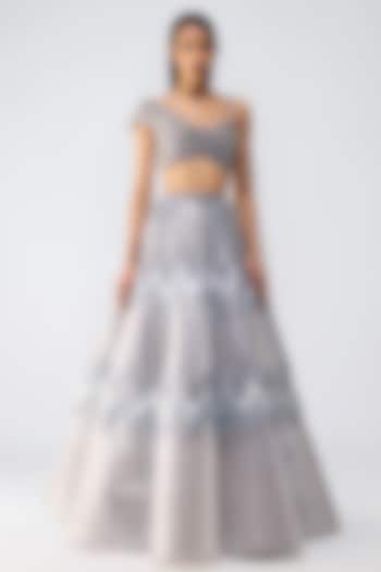 Ice Grey Tulle Glass Bead Embroidered Skirt Set by Amit Aggarwal at Pernia's Pop Up Shop