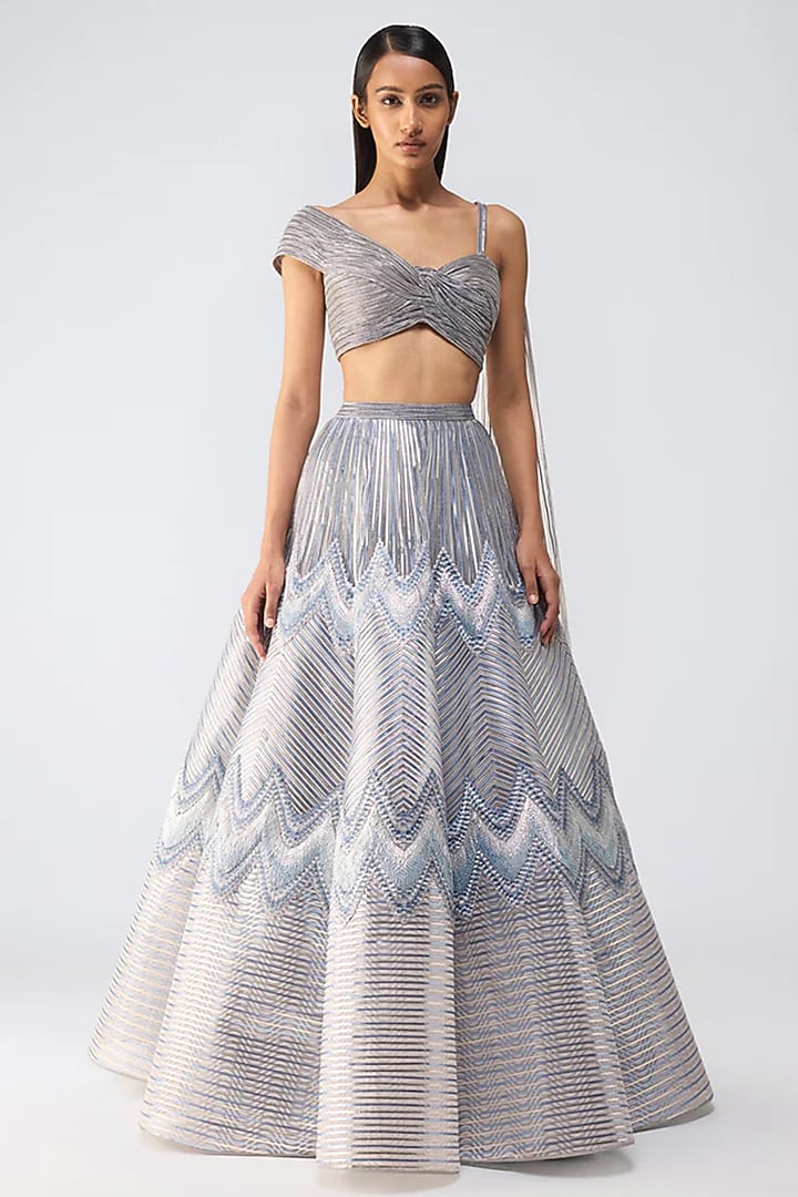 Ice Grey Tulle Glass Bead Embroidered Skirt Set by Amit Aggarwal at Pernia's Pop Up Shop
