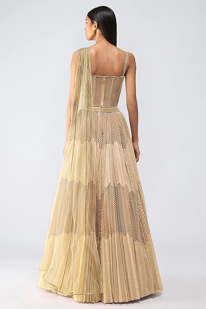 Sand-Colored Satin Chiffon Micro-Pleated Draped Bridal Saree Set by Amit Aggarwal at Pernia's Pop Up Shop