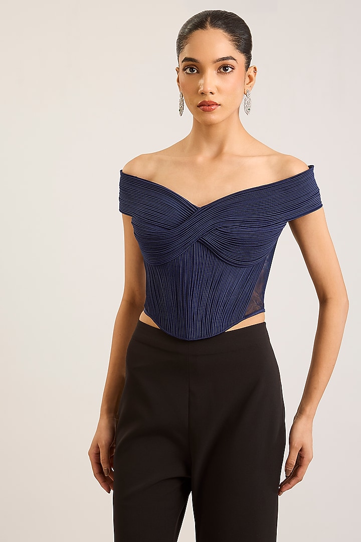 Ink Blue & Black Heavy Chiffon Pant Set by Amit Aggarwal at Pernia's Pop Up Shop