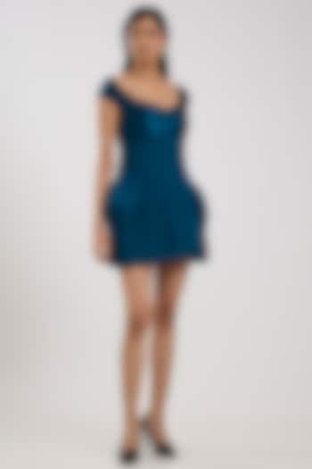 Teal Satin Chiffon Mini Party Wear Dress by Amit Aggarwal at Pernia's Pop Up Shop