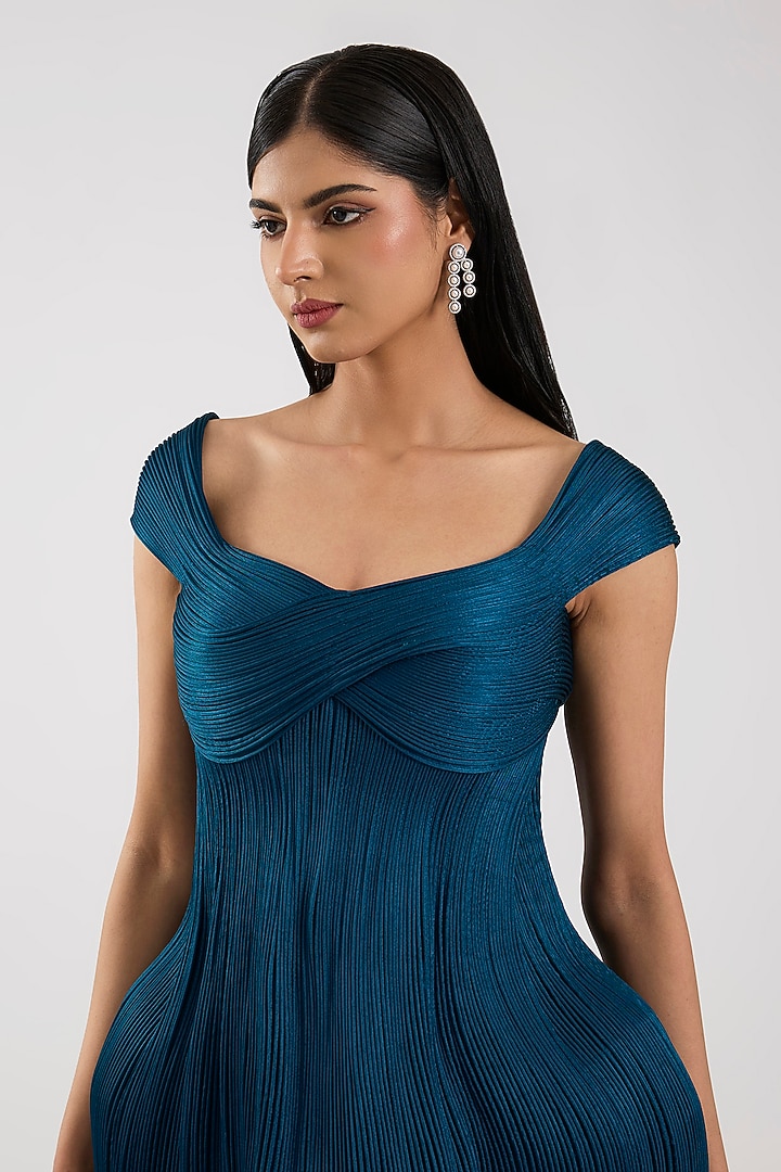 Teal Satin Chiffon Mini Party Wear Dress by Amit Aggarwal at Pernia's Pop Up Shop