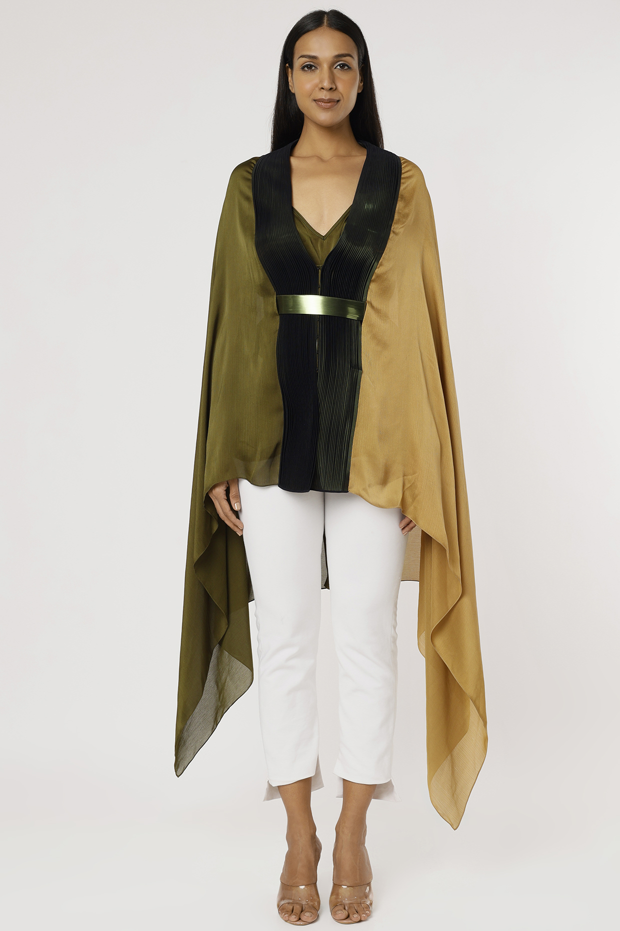 Olive Chiffon Cape Set by Amit Aggarwal at Pernia's Pop Up Shop