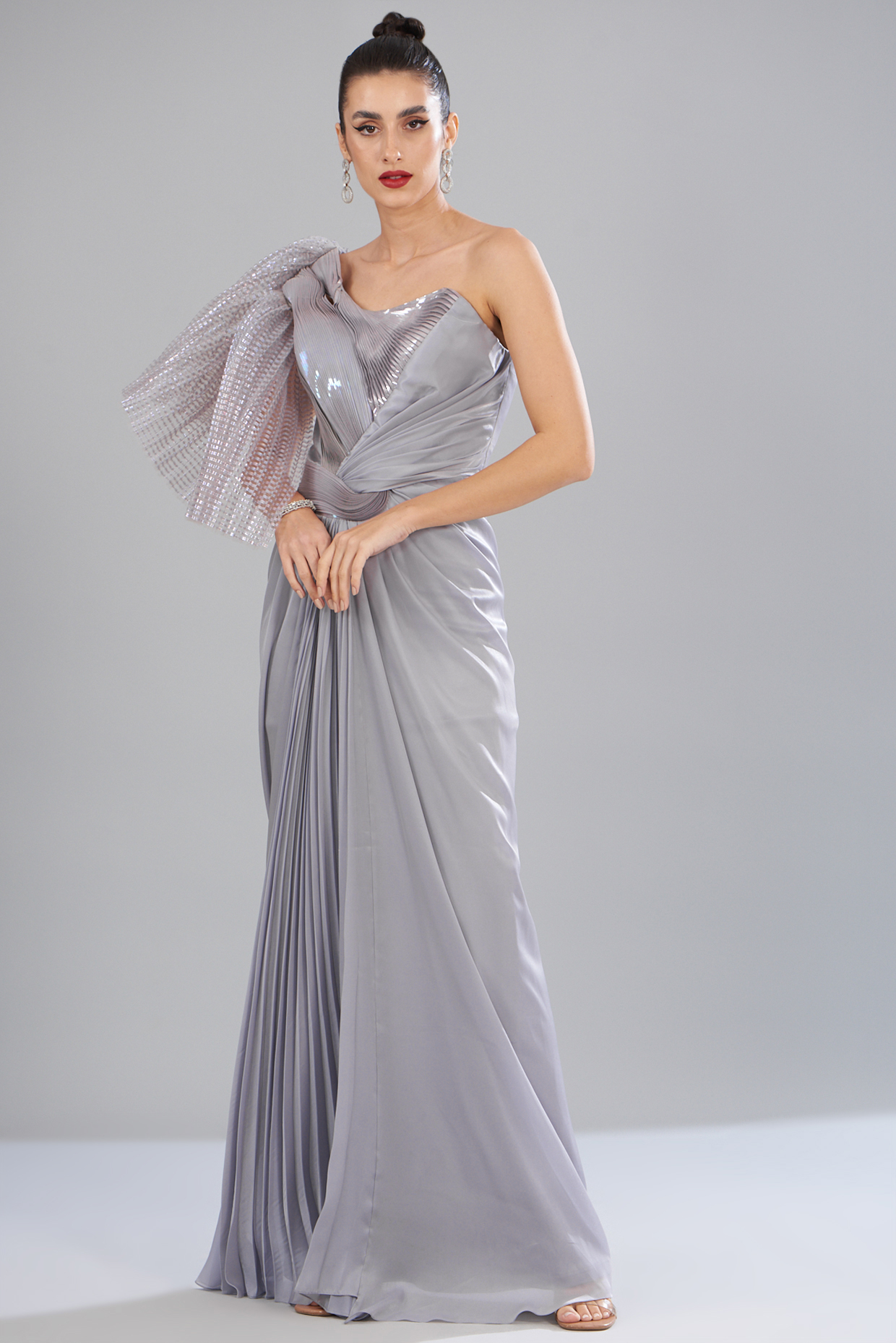 Silver Chiffon & Metallic Polymer Draped Wedding Gown by Amit Aggarwal at Pernia's Pop Up Shop