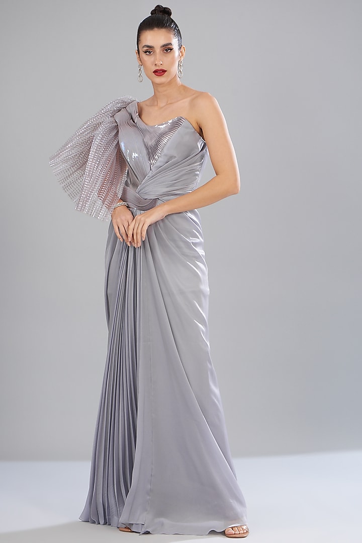 Silver Chiffon & Metallic Polymer Draped Wedding Gown by Amit Aggarwal at Pernia's Pop Up Shop