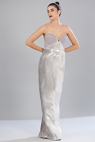 Silver Polymer & Cotton Satin Molded Gown by Amit Aggarwal
