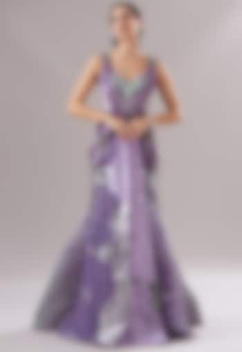 Lilac Metallic Polymer Embroidered Draped Bridal Gown by Amit Aggarwal at Pernia's Pop Up Shop