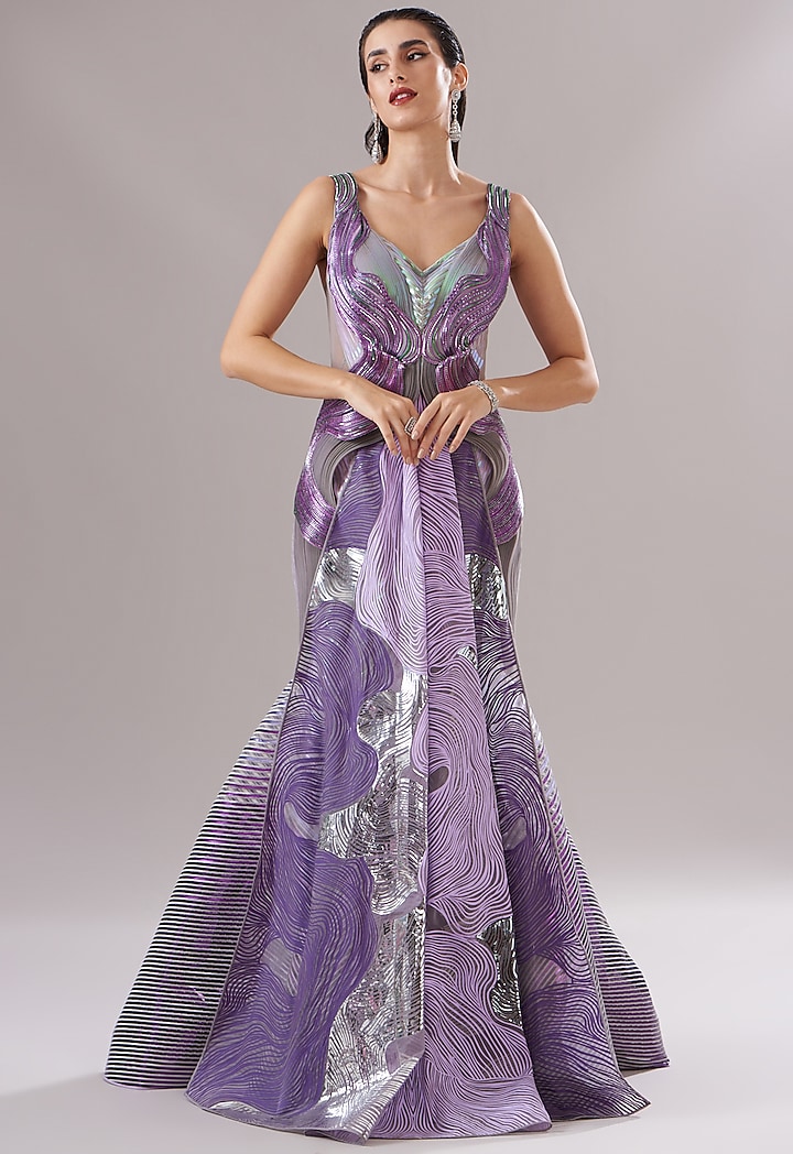 Lilac Metallic Polymer Embroidered Draped Bridal Gown by Amit Aggarwal at Pernia's Pop Up Shop