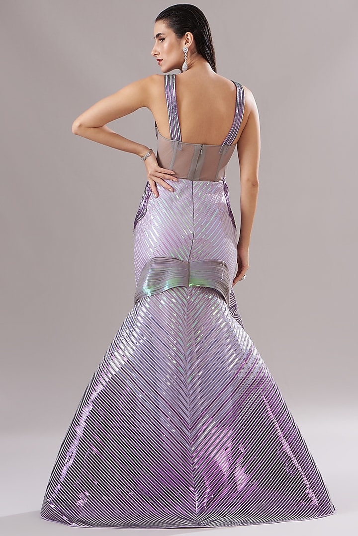 Lilac Metallic Polymer Embroidered Draped Bridal Gown by Amit Aggarwal at Pernia's Pop Up Shop