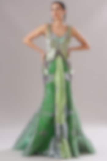 Green Metallic Polymer Embroidered Draped Bridal Gown by Amit Aggarwal at Pernia's Pop Up Shop