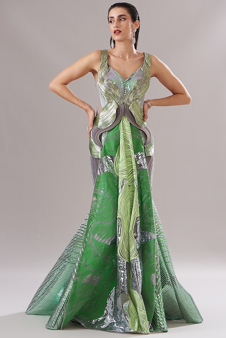 Green Metallic Polymer Embroidered Draped Bridal Gown by Amit Aggarwal at Pernia's Pop Up Shop