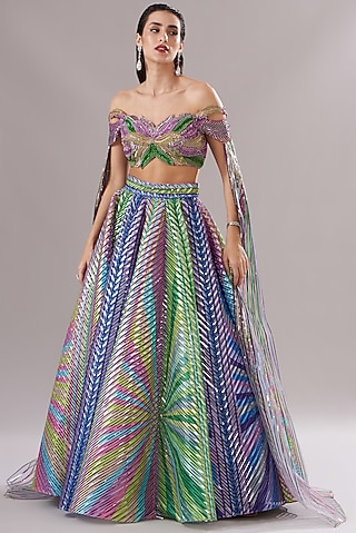 Multi-Colored Metallic Striped Lehenga Set by Amit Aggarwal