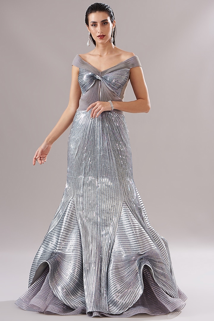 Silver Handwoven Polymer Bridal Gown by Amit Aggarwal at Pernia's Pop Up Shop